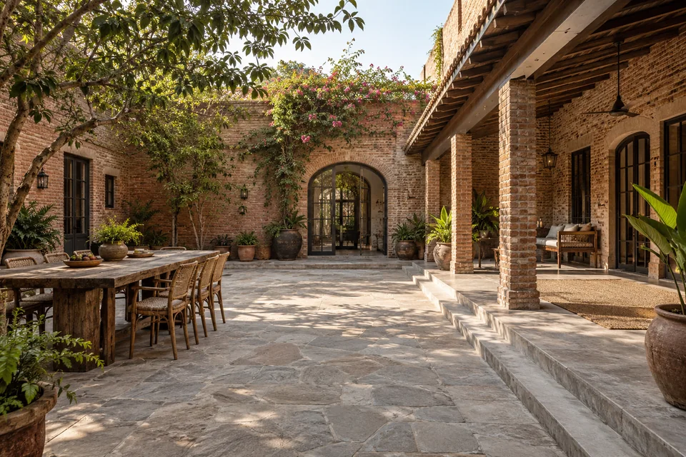 AI-generated farmhouse concept: the brick courtyard dining room.