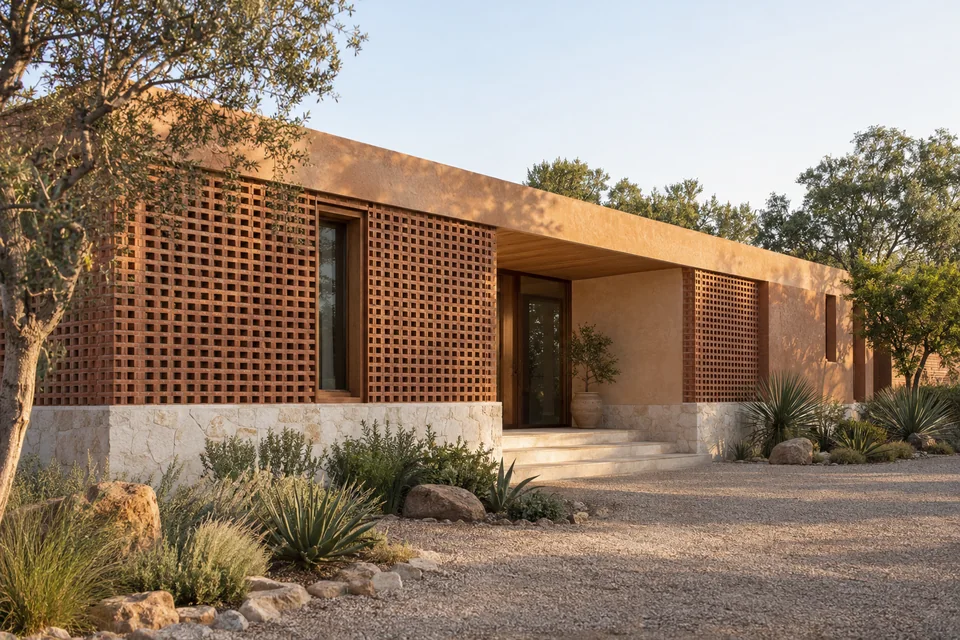 AI-generated farmhouse concept: the brick screen facade.
