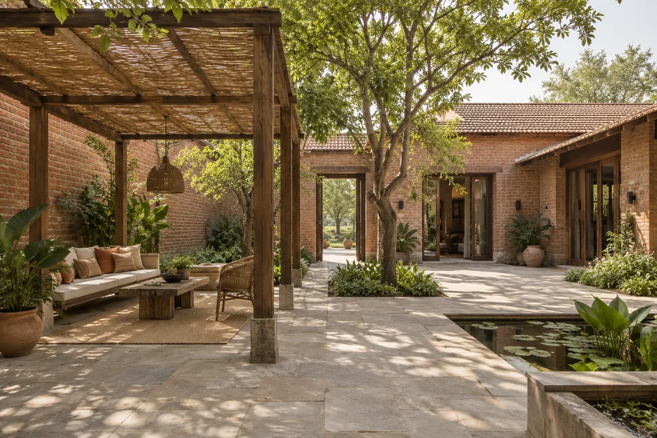 AI-generated farmhouse concept: the courtyard with a woven shade canopy.