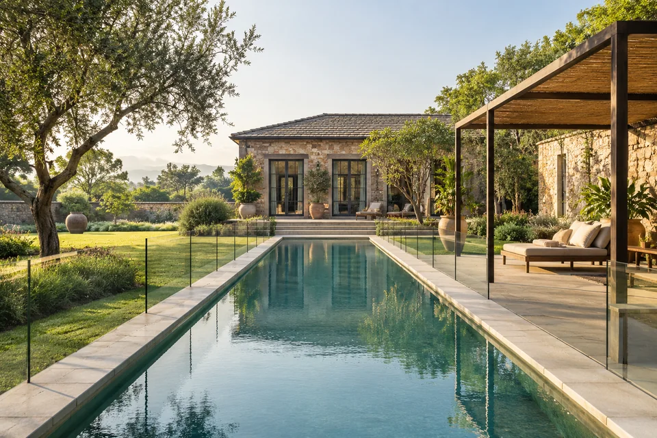 AI-generated farmhouse concept: the long garden lap pool.