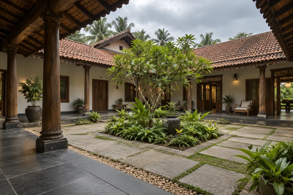 AI-generated farmhouse concept: the tropical tiled-roof court.