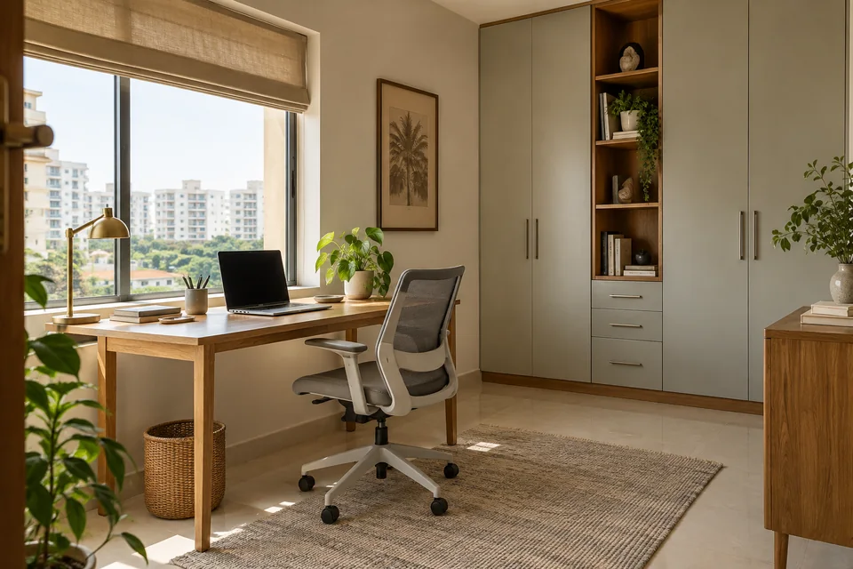 AI-generated concept: Indian apartment home office, oak desk beside window, ergonomic chair, closed storage, small plant, clean laptop screen, daylight.