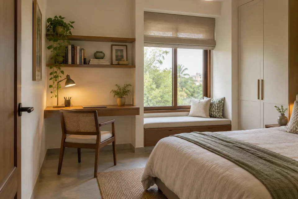 AI-generated concept: Compact bedroom workspace nook, floating wooden desk, supportive chair, shelves above desk, warm white walls, simple task lamp.