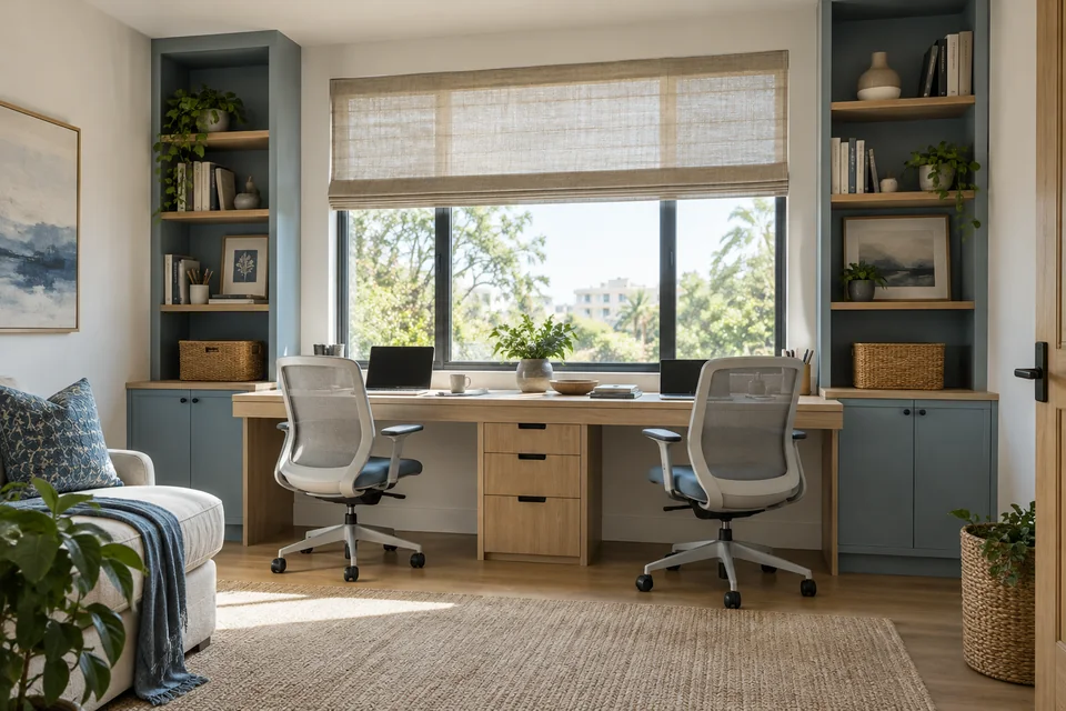 AI-generated concept: Shared home office, two separate work positions along long pale oak desk, two ergonomic chairs, window between storage cabinets, soft blue accents.