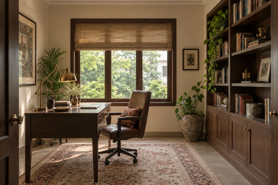 AI-generated concept: Home study, dark teak desk, comfortable desk chair, wood bookcase, warm cream walls, brass reading lamp, restrained Indian textile rug.