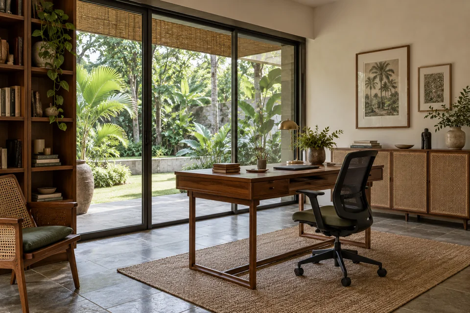 AI-generated concept: Garden-facing home office, teak desk, cane-front storage, ergonomic chair, shaded tropical garden outside, stone floor.