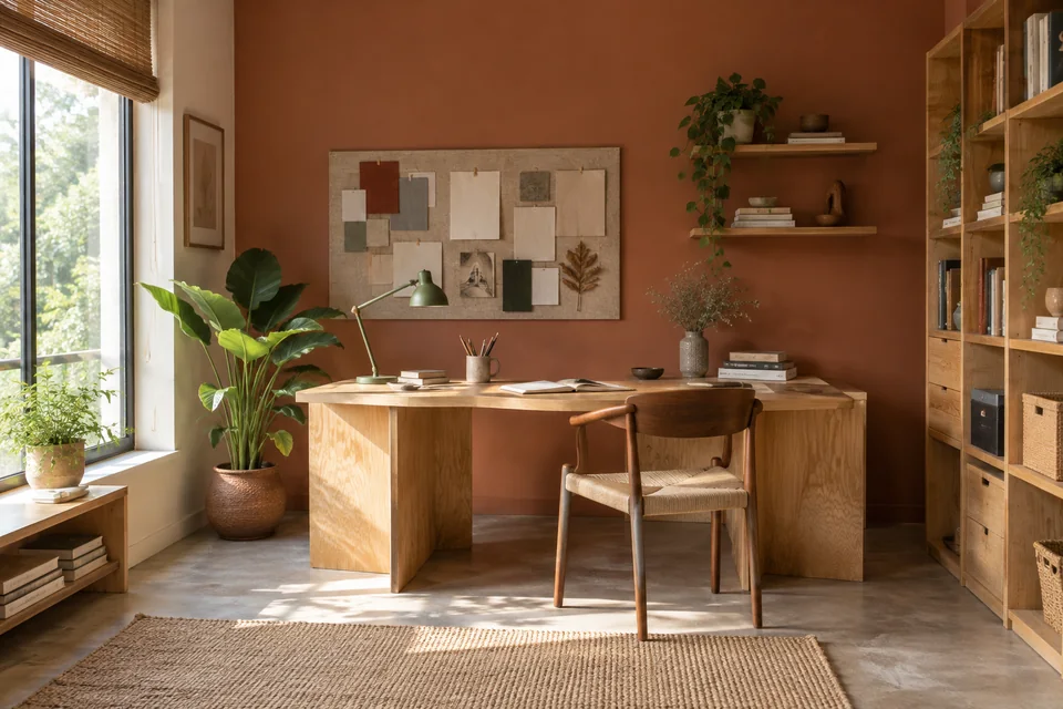 AI-generated concept: Creative home studio, plywood desk, muted terracotta wall, pinboard with blank material swatches, storage shelves, supportive chair, daylight.