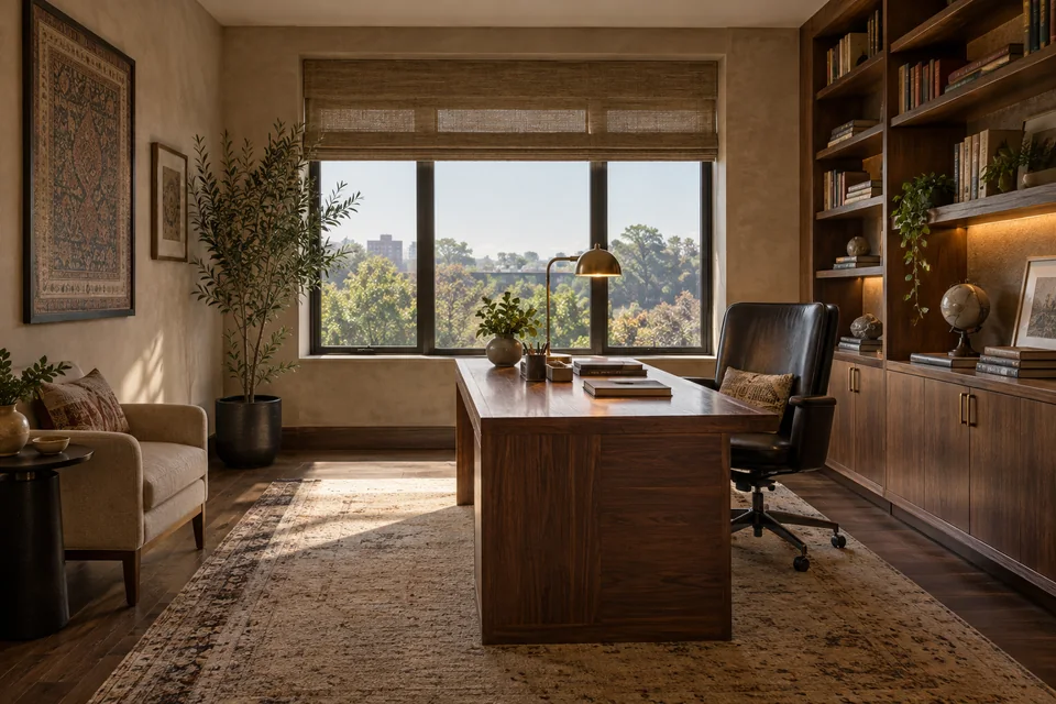 AI-generated concept: Spacious private study, walnut desk and cabinets, comfortable dark chair, beige textured walls, large window, warm task lighting.