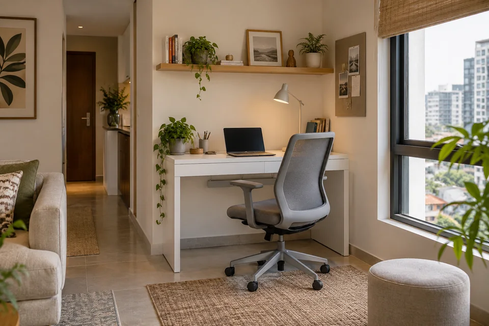 AI-generated concept: Tiny urban apartment work corner with compact white desk, oak shelf, grey ergonomic chair, concealed cable tray, natural window light.