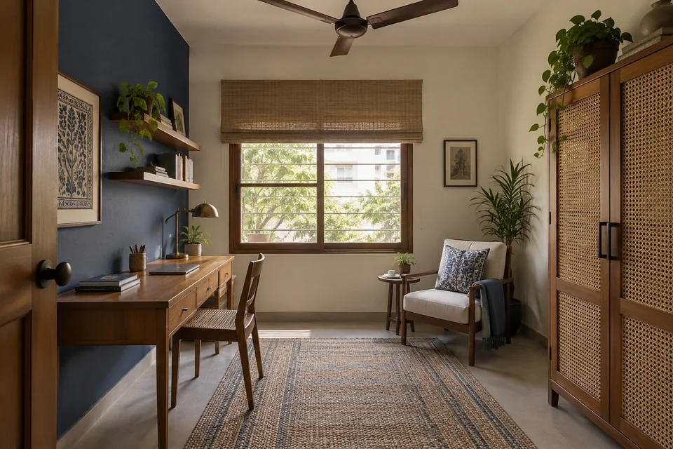 AI-generated concept: Small study room, indigo accent wall, teak desk, cane-front cupboard, block-print cushion on reading chair, ceiling fan.
