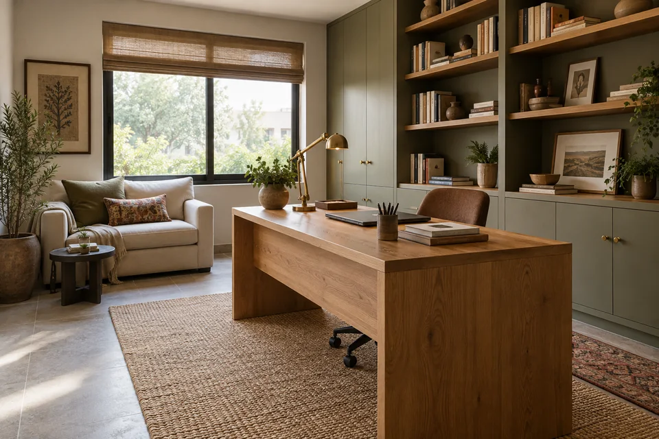 AI-generated concept: Multipurpose family home office, broad oak desk, closed storage, small reading sofa, movable task lamp, warm neutral palette.