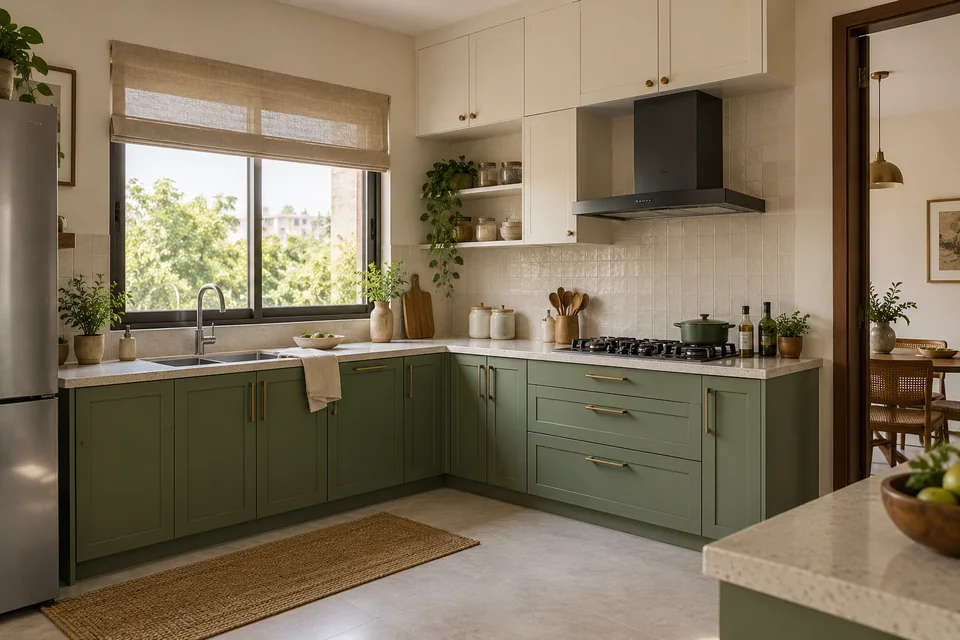 AI-generated concept: Compact Indian L-shaped kitchen, sage green lower cabinets, ivory upper cabinets, stone worktop, separate sink and cooktop, vent hood, daylight.