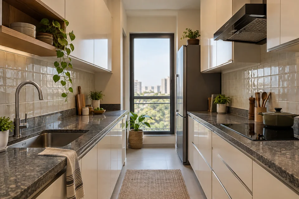 AI-generated concept: Small parallel kitchen, warm white cabinets, grey granite counters, tiled backsplash, stainless steel sink, induction cooktop and ventilation.