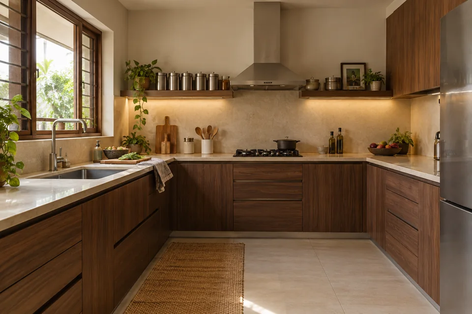 AI-generated concept: Medium kitchen with walnut-tone cabinets, cream stone counters, slim open shelf with steel canisters, functional chimney above gas hob.