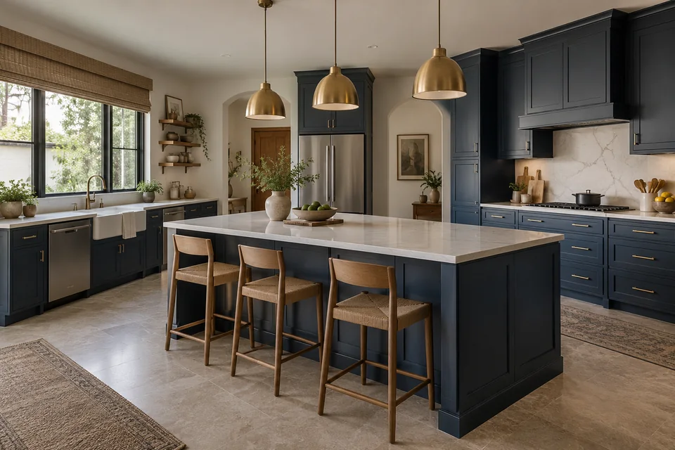 AI-generated concept: Large Indian kitchen with navy cabinets, pale quartz island, three stools, separate sink and hob, pendant lamps, spacious circulation.