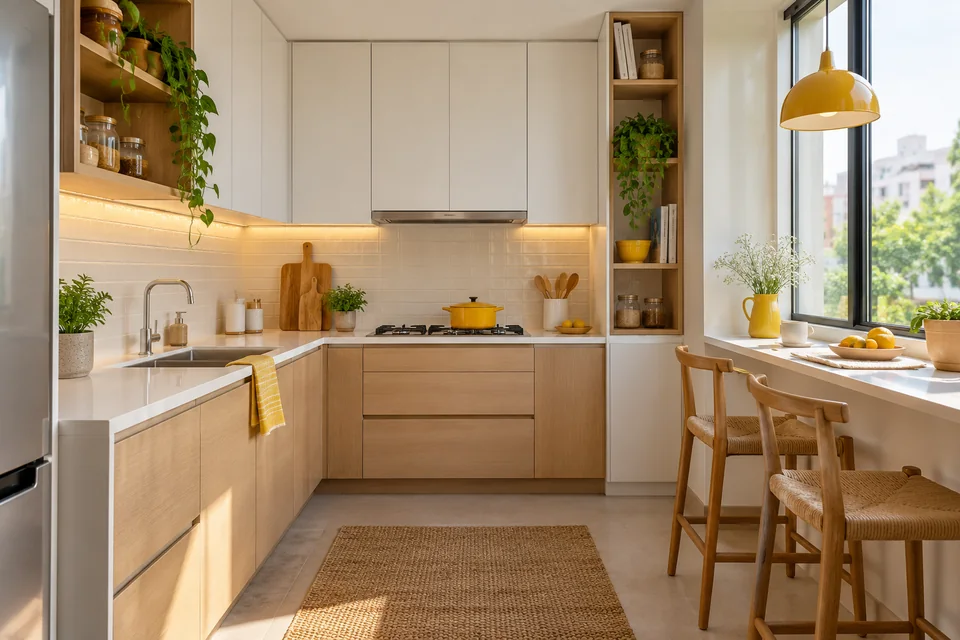 AI-generated concept: Small bright kitchen with white and pale oak cabinets, compact breakfast ledge by window, yellow accents, practical storage.