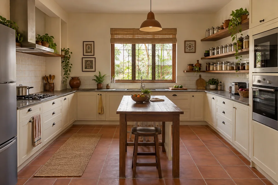 AI-generated concept: Indian kitchen with terracotta floor tiles, cream painted cabinetry, teak open shelves, neatly arranged steel and earthenware containers, modern appliances.