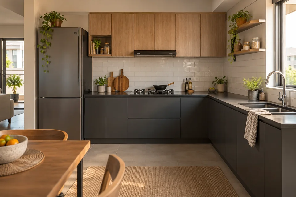 AI-generated concept: Urban apartment kitchen with charcoal lower cabinets, white subway tiles, wood-look upper cabinets, compact hob, sink and refrigerator placed coherently.
