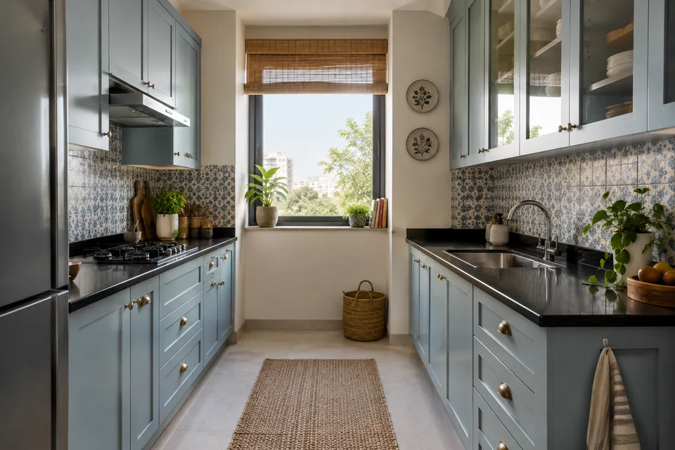 AI-generated concept: Budget galley kitchen, muted powder blue cabinets, small patterned tile backsplash, black granite counter, stainless steel sink, bright window.