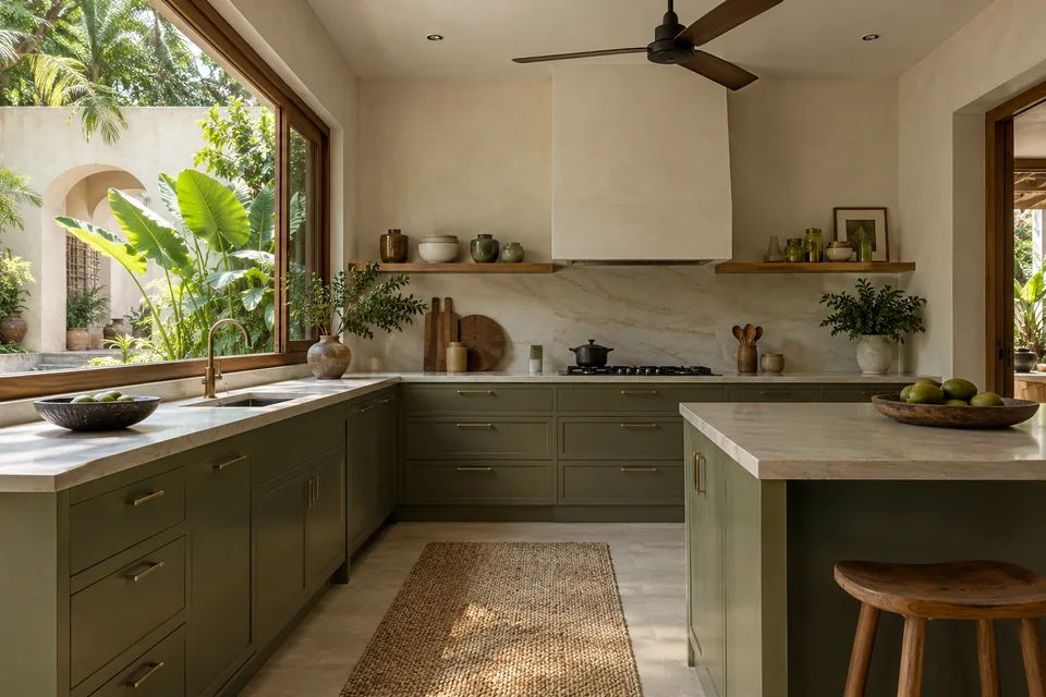 AI-generated concept: Airy kitchen beside courtyard window, olive cabinetry, white stone counters, ceiling ventilation, timber shelf, tropical foliage outside.