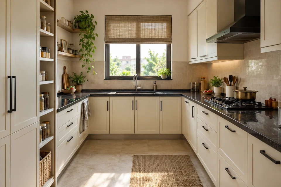 AI-generated concept: Organized small Indian U-shaped kitchen, cream cabinets, black granite counters, tall pantry, usable corner storage, separate cooking and washing zones.