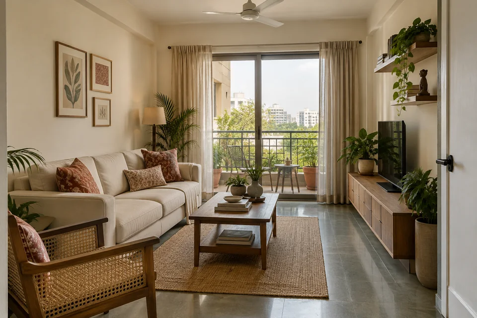 AI-generated concept: Compact Gurgaon apartment living room, ivory cotton sofa, cane accent chair, teak coffee table, rust block-print cushions, balcony daylight, Kota stone floor, ceiling fan.