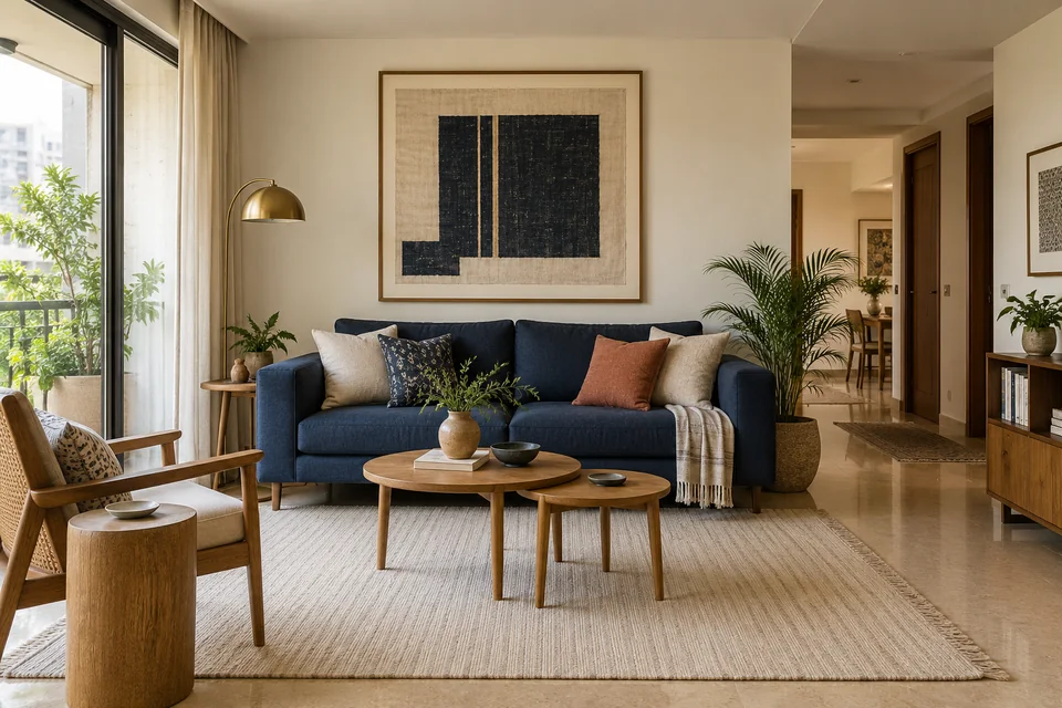 AI-generated concept: Medium family living room, indigo sofa, oak nesting tables, ivory dhurrie rug, subtle brass lamp, off-white walls, framed abstract textile art.