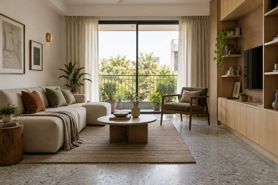 AI-generated concept: Small apartment living room, low beige modular sofa, pale oak wall storage, single reading chair, grey terrazzo floor, soft daylight.