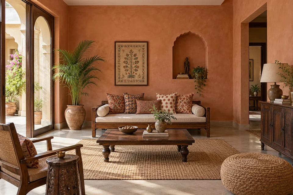 AI-generated concept: Jaipur-inspired living room, terracotta limewash walls, teak diwan, geometric block-print cushions, small arched alcove, jute rug.