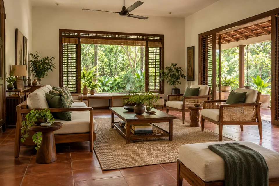 AI-generated concept: Bright Kerala living room, teak furniture, cream linen seats, deep green cushions, large shaded windows, leafy garden, terracotta floor.