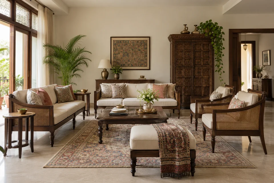 AI-generated concept: Indian family living room, restored rosewood furniture, cream upholstery, patterned wool rug, carved wooden cabinet, contemporary uncluttered arrangement.