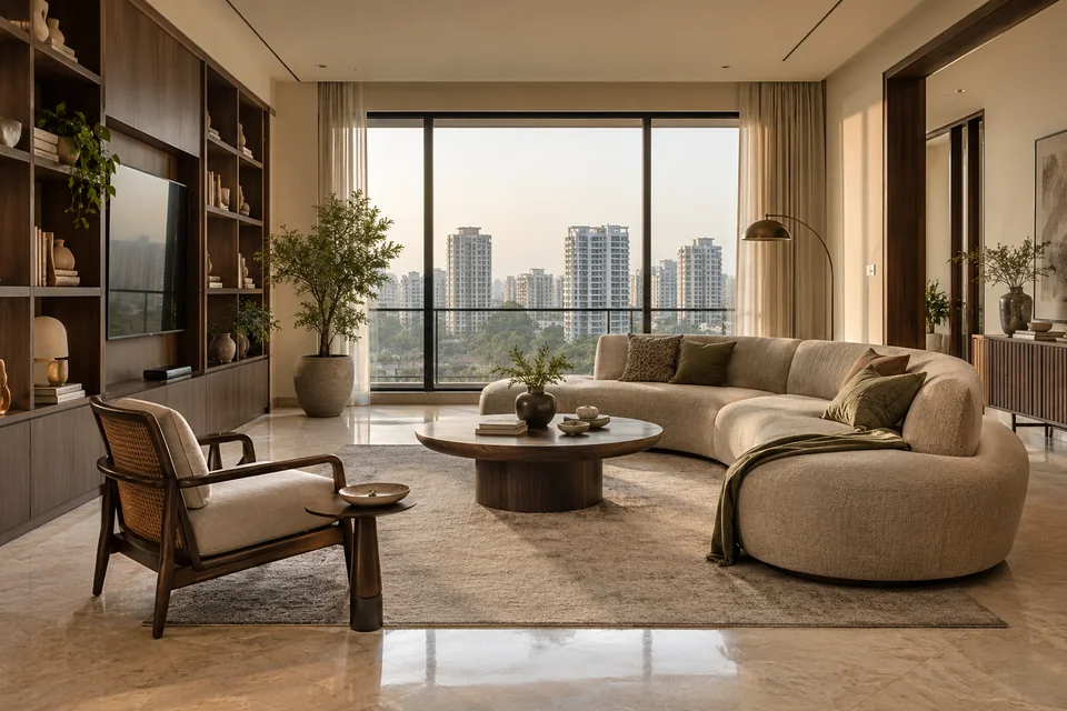 AI-generated concept: Larger high-rise living room, curved oatmeal sofa, dark walnut shelves, pale stone flooring, full-height window overlooking distant Indian apartment buildings.