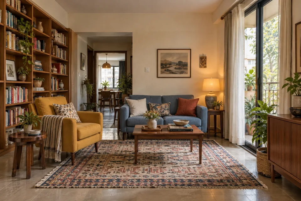 AI-generated concept: Lived-in apartment living room, mustard armchair, small blue sofa, full bookshelf, patterned cotton rug, wooden side table and ceramic reading lamp.