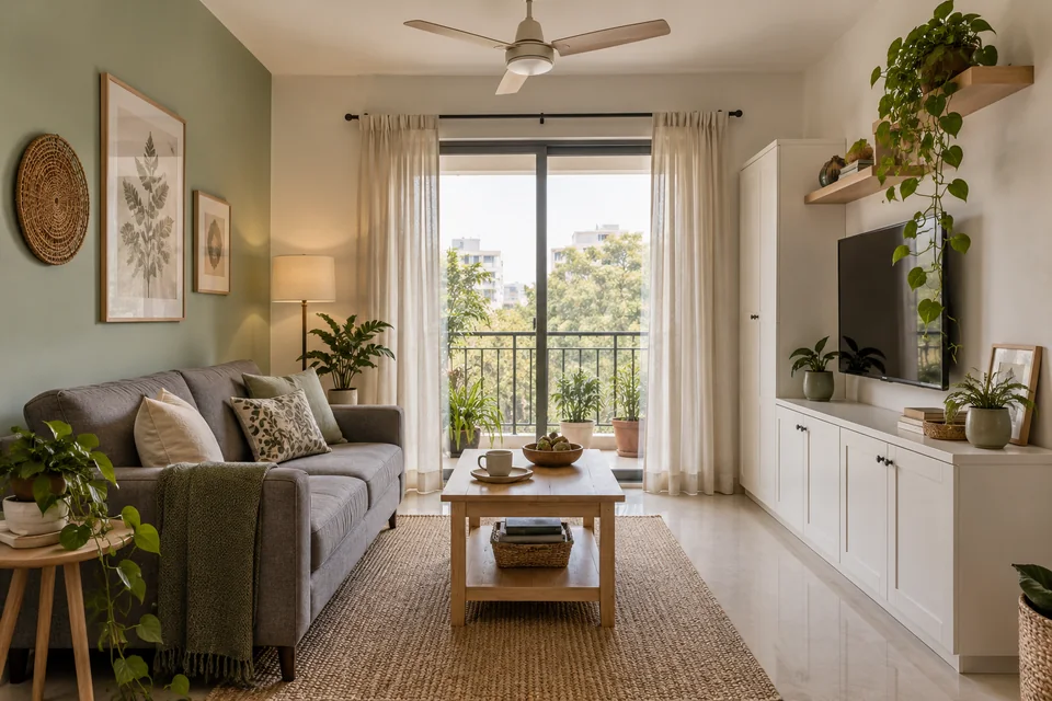 AI-generated concept: Budget-friendly small living room, compact grey sofa, pine coffee table, white storage cabinets, sage accents, cotton curtains and ceiling fan.