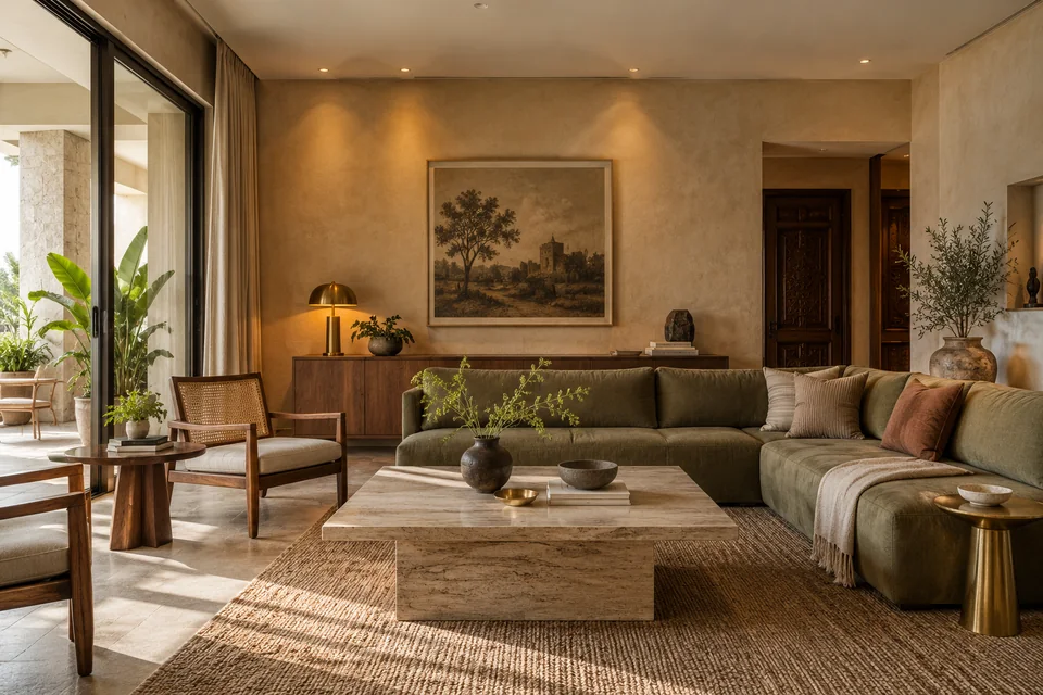 AI-generated concept: Spacious Indian living room, textured beige walls, olive sofa, honed stone table, subtle brass accents, restrained art, warm recessed light.