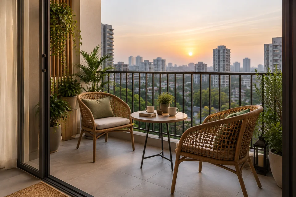 AI-generated concept: Compact Gurgaon apartment balcony, secure vertical railing, two cane chairs, small round table with plain tea cups, potted plants, distant urban skyline.