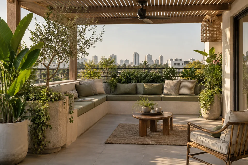 AI-generated concept: Medium urban apartment terrace, built-in bench with olive cushions, large planters, safe parapet, shaded pergola, warm morning light.