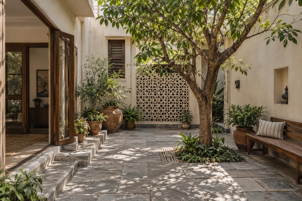 AI-generated concept: Small Indian internal courtyard, terracotta pots, stone paving, wooden bench, simple stucco walls, jali screen, leafy tree.