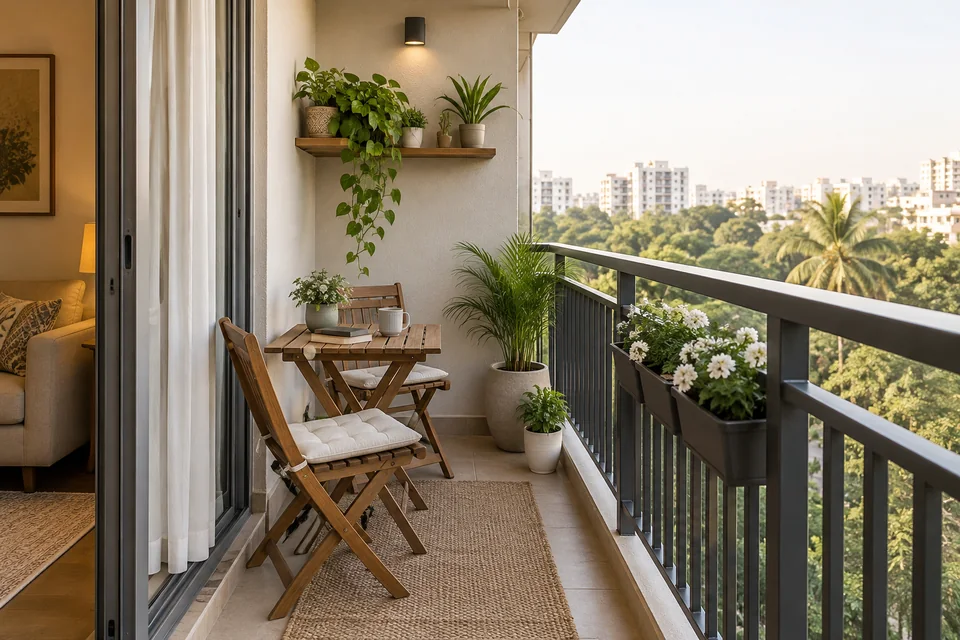 AI-generated concept: Narrow Indian apartment balcony, foldable wood chair and table, neat planters, safe high railing, restrained neutral palette.