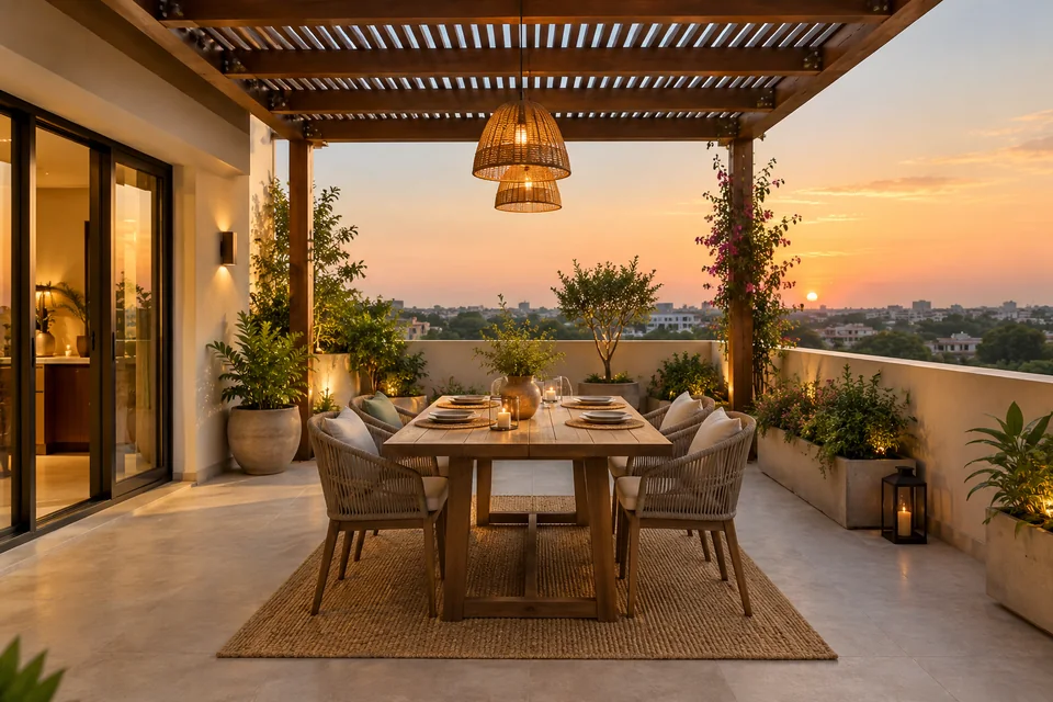 AI-generated concept: Rooftop dining terrace, timber pergola, six-seat outdoor table, safe high parapet, simple planters, warm evening light.