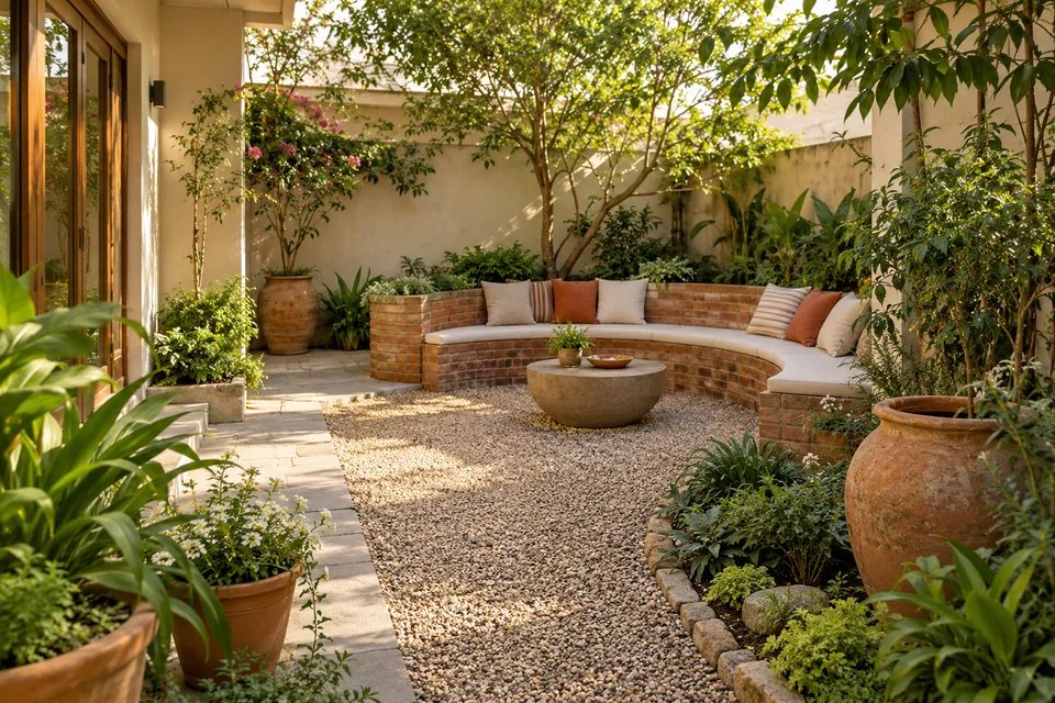 AI-generated concept: Small enclosed home garden, curved brick seating with cotton cushions, gravel path, terracotta pots, native-style planting, golden daylight.