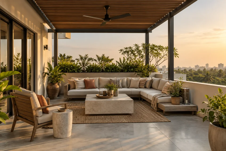 AI-generated concept: Large Indian house terrace, neutral weatherproof sofa, pale stone coffee table, covered pergola, planted boundary and substantial safe parapet.