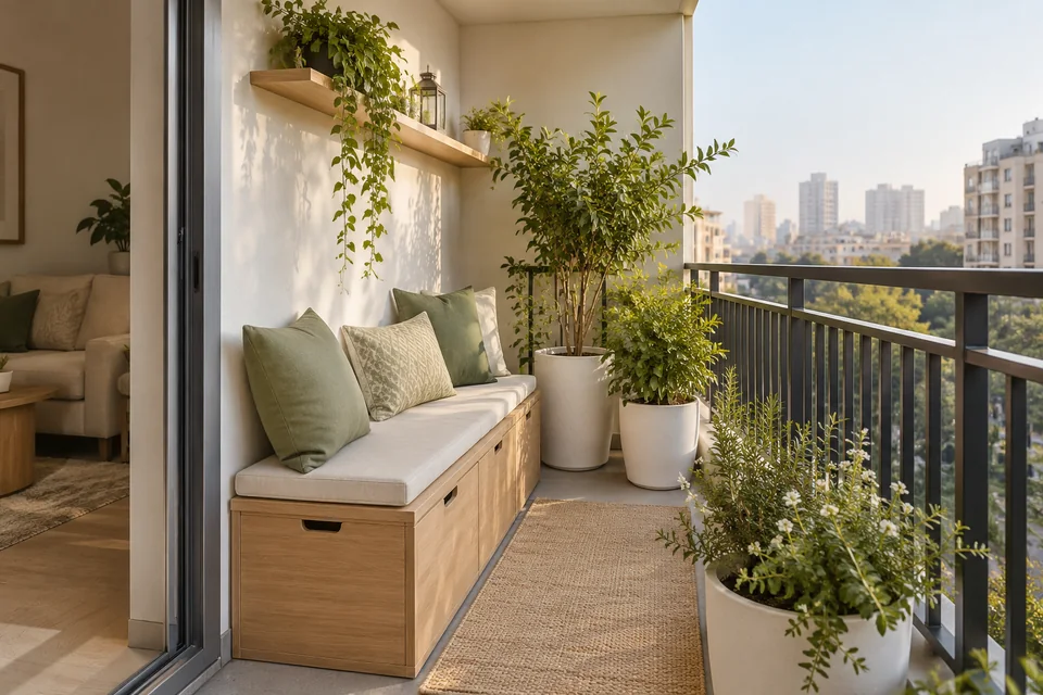 AI-generated concept: Small apartment balcony, light wood bench with storage, white planters, sage cushions, secure metal railing and soft city morning light.