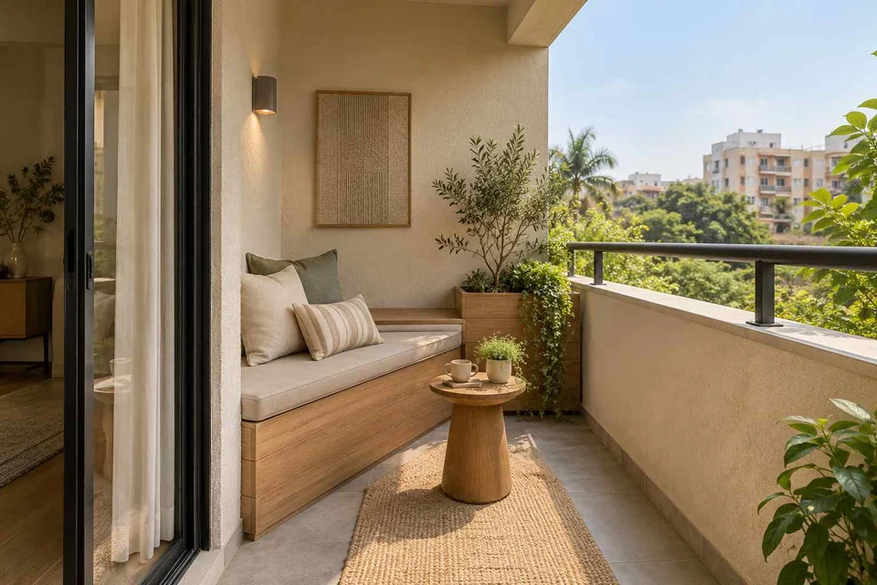 AI-generated outdoor concept: balcony bench nook, ash and linen direction