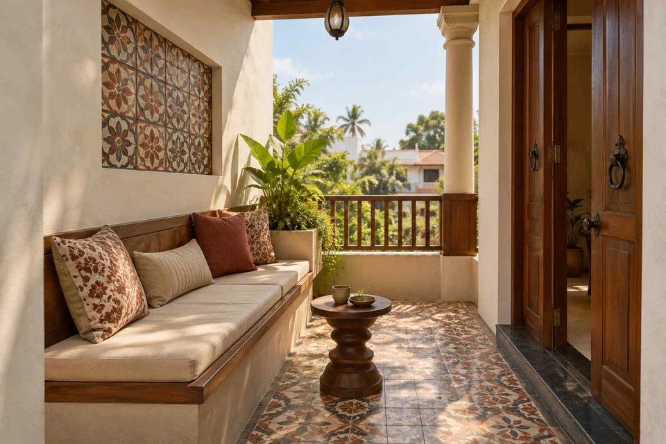 AI-generated outdoor concept: balcony bench nook, chettinad tile direction