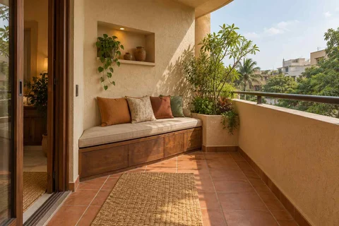 AI-generated outdoor concept: balcony bench nook, clay artisan direction