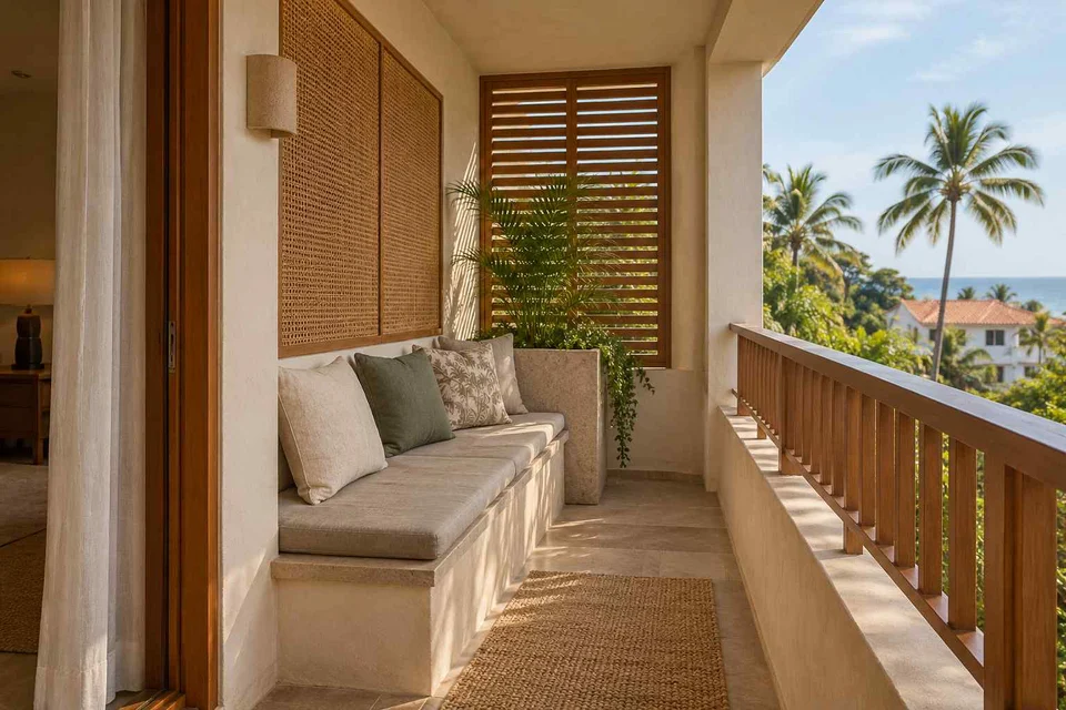 AI-generated outdoor concept: balcony bench nook, coastal woven direction
