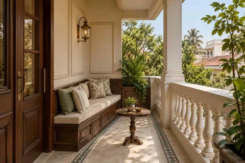 AI-generated outdoor concept: balcony bench nook, colonial quiet direction