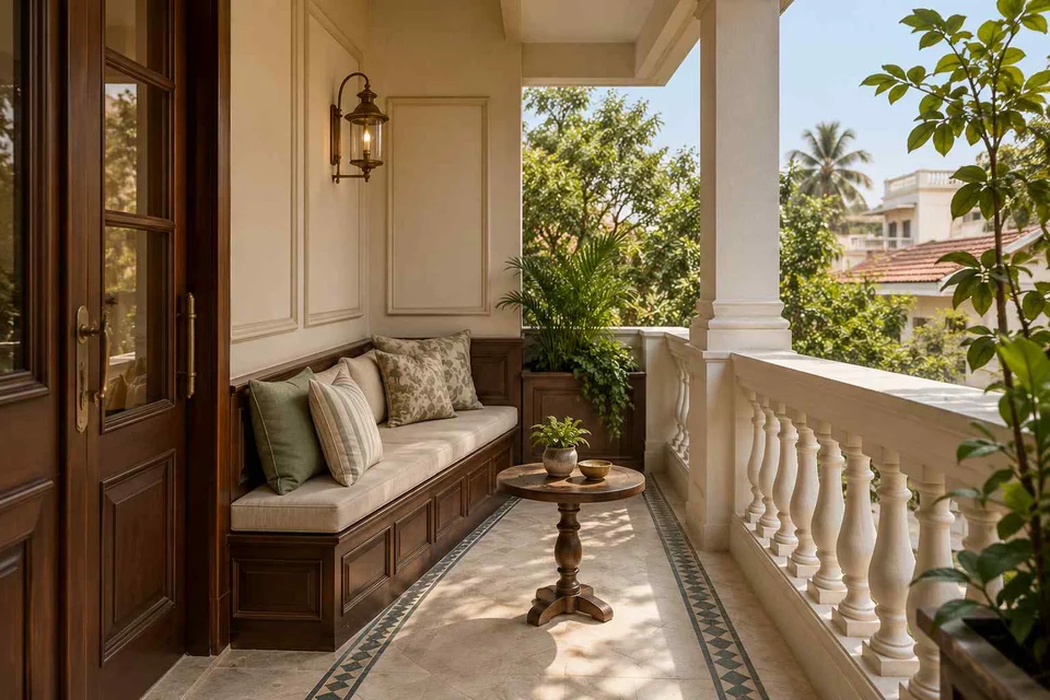 AI-generated outdoor concept: balcony bench nook, colonial quiet direction