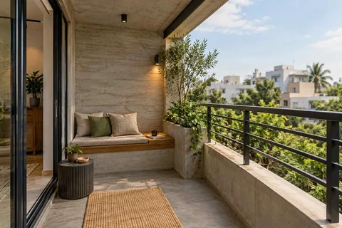 AI-generated outdoor concept: balcony bench nook, concrete and oak direction